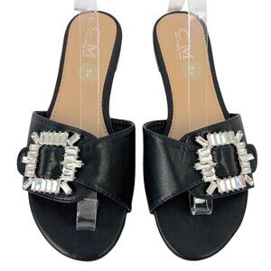 C'M Paris Black Sandals Women's Size 8.5 UK39 Jeweled Buckle Slip-On‎ Flats NWT
